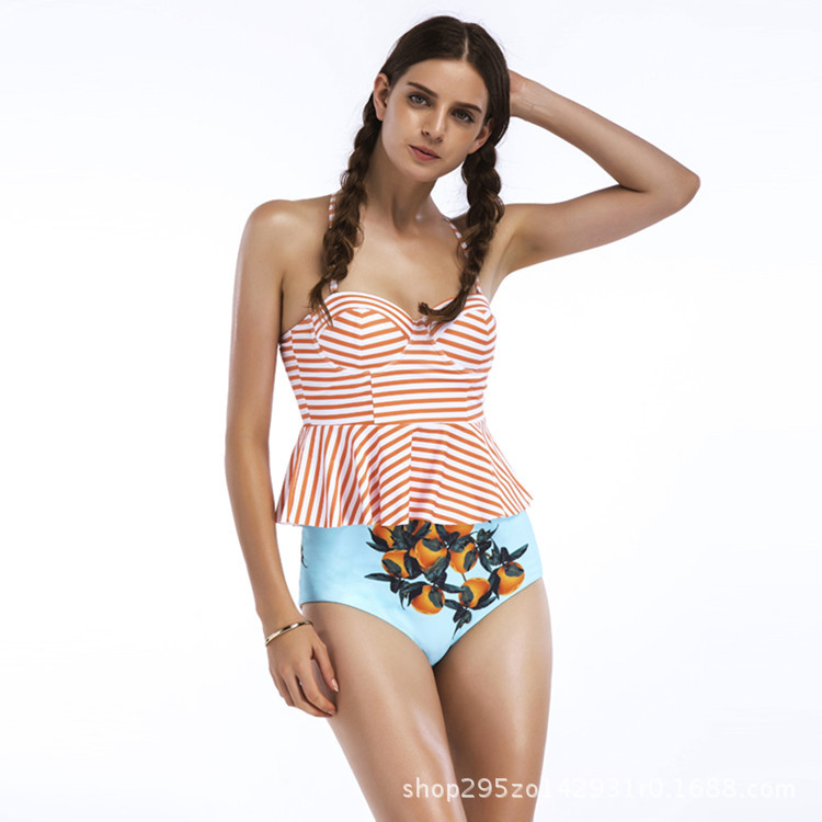 F4668-2Peachy Striped Peplum Reverse Bikini Set